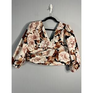 Express, Size XL, Cropped Floral Blouse, V-Neck, Pleated, Black, Tan & Pink